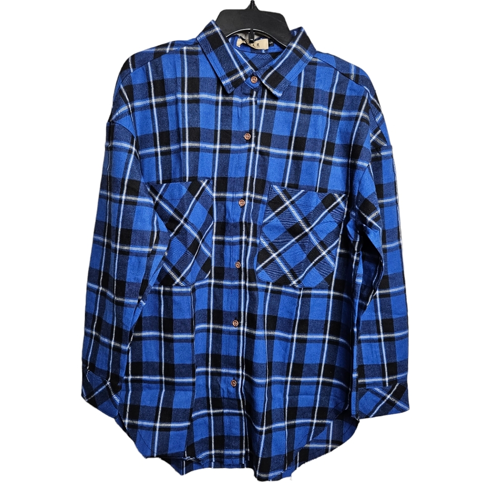 SSLR Women's Collection Blue Plaid Flannel Long Sleeve Shirt NWT Size Small